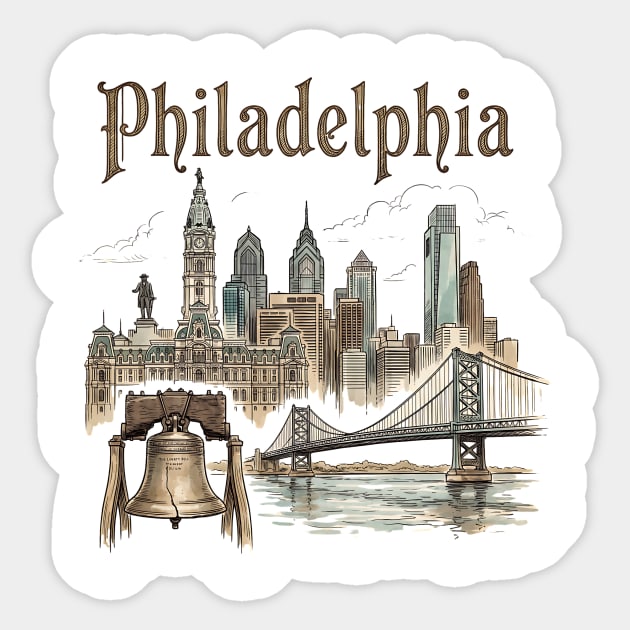 Philadelphia Liberty Bell and Bridge Skyline Sticker by Designed By Marty